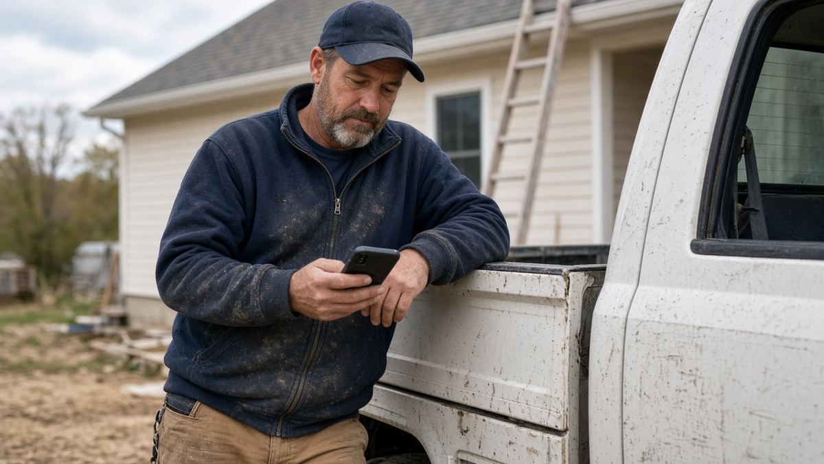 Contractor at his truck checking his phone for the next job