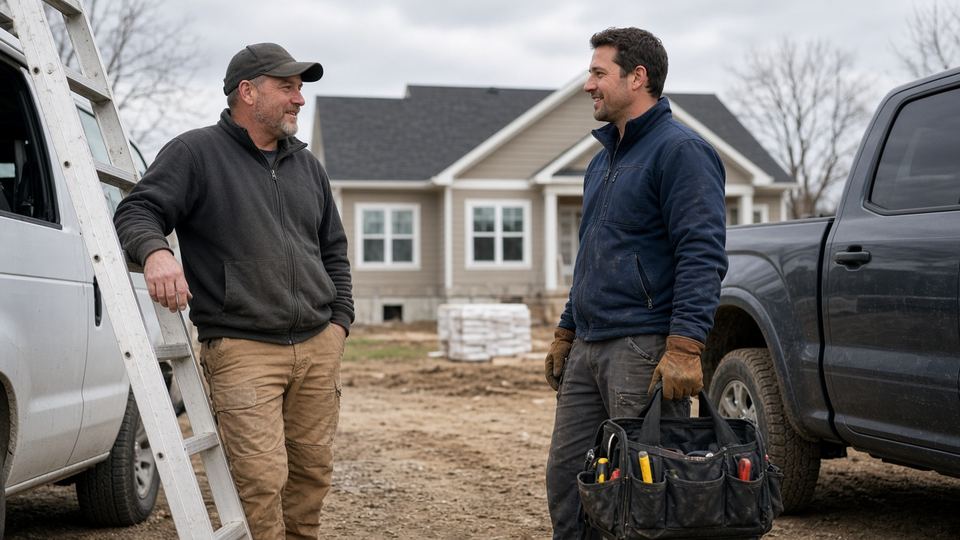 Two tradespeople talking at a job site